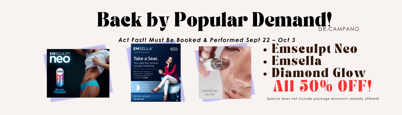 Dr. Campano Flash Sale banner showing 50 percent off Emsculpt Neo, Emsella and Diamond Glow treatments available August 18 to 22 in Palmdale.