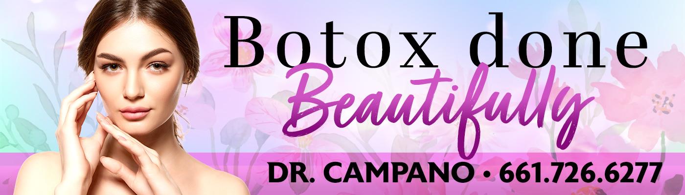 Woman with smooth glowing skin promoting Botox cosmetic treatments by Dr. Campano with contact number 661-726-6277