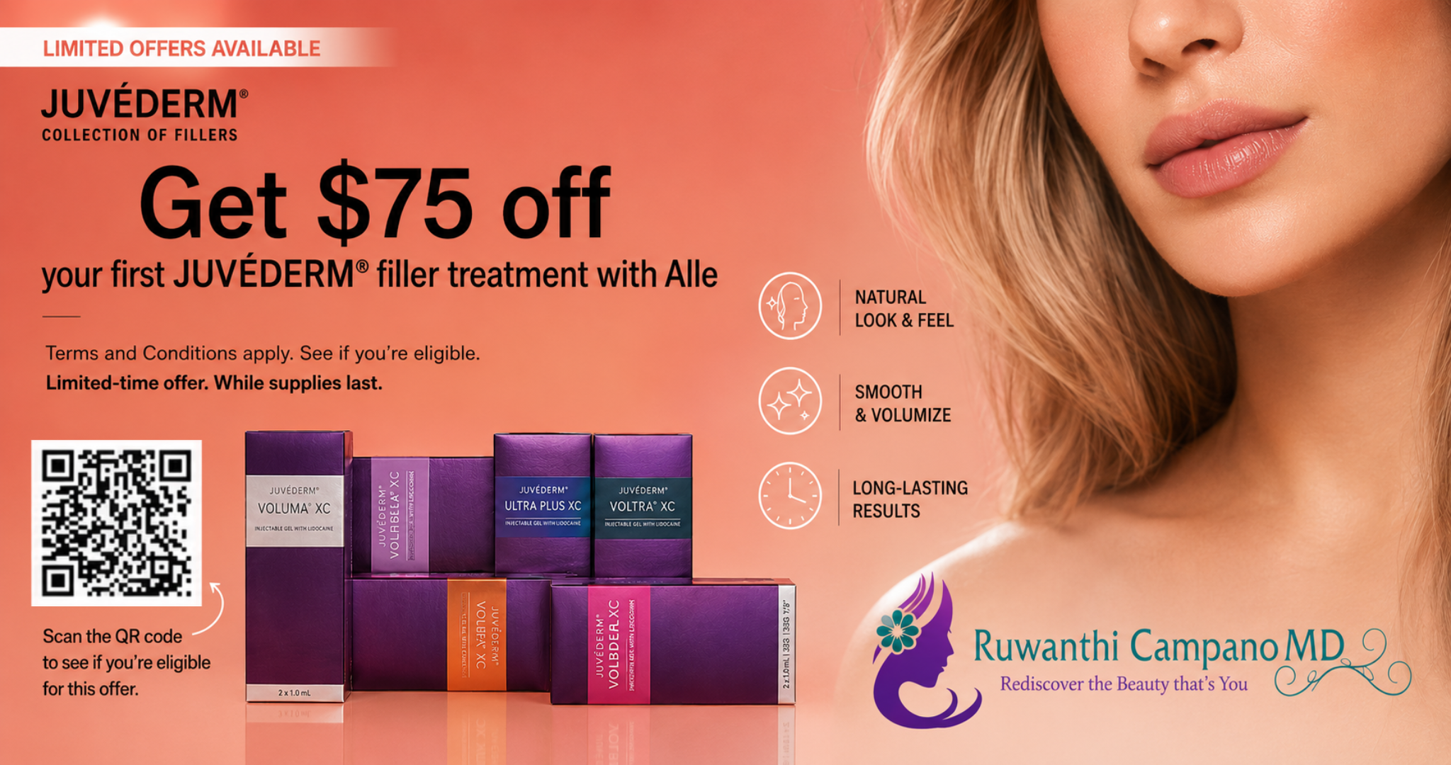 JUVÉDERM filler special at Ruwanthi Campano MD offering $75 off first treatment with Allē